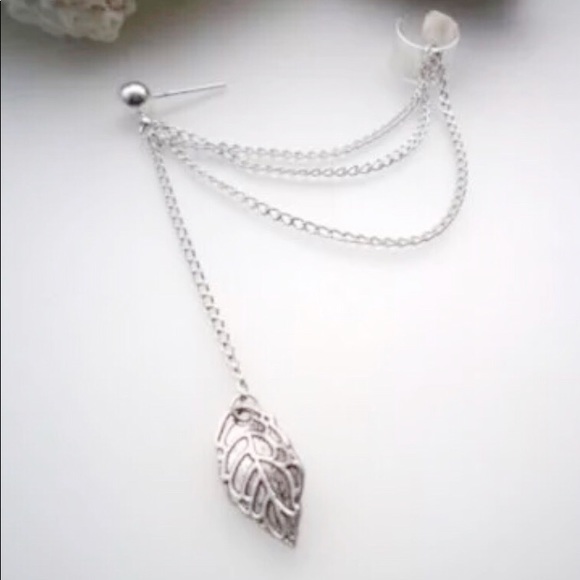 Leaf Chain Ear Cuff Clip Stud Earring NWT Silver - Picture 2 of 2